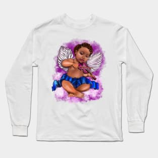 Black Angel playing the violin on a purple cloud- blissful Sun kissed curly haired Baby cherub angel classical art Long Sleeve T-Shirt